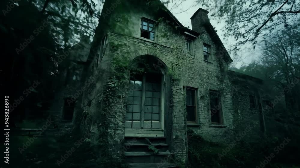 Exploring an abandoned house shrouded in mystery and nature's embrace during a foggy evening Exploring an abandoned house shrouded in mystery and nature's embrace during a foggy evening