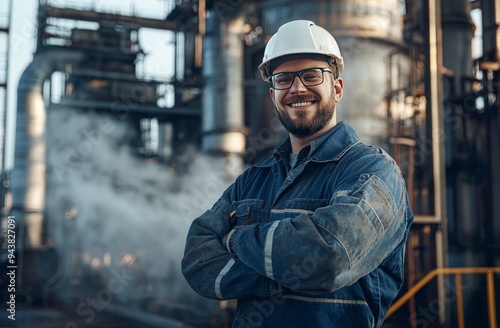 Smiling Worker in Overalls with White Helmet and Industrial Background