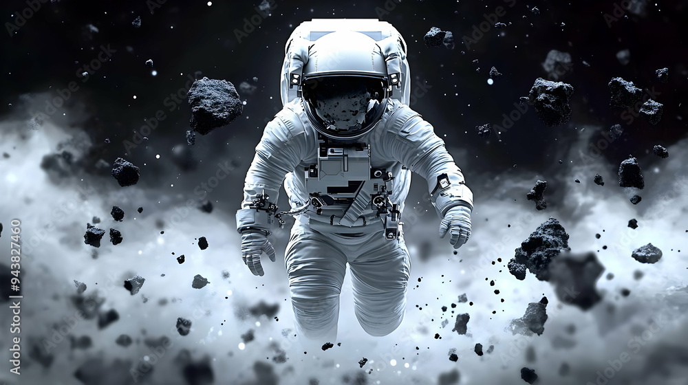 Astronaut floating in space amidst a field of asteroids. Astronaut floating in space amidst a field of asteroids.