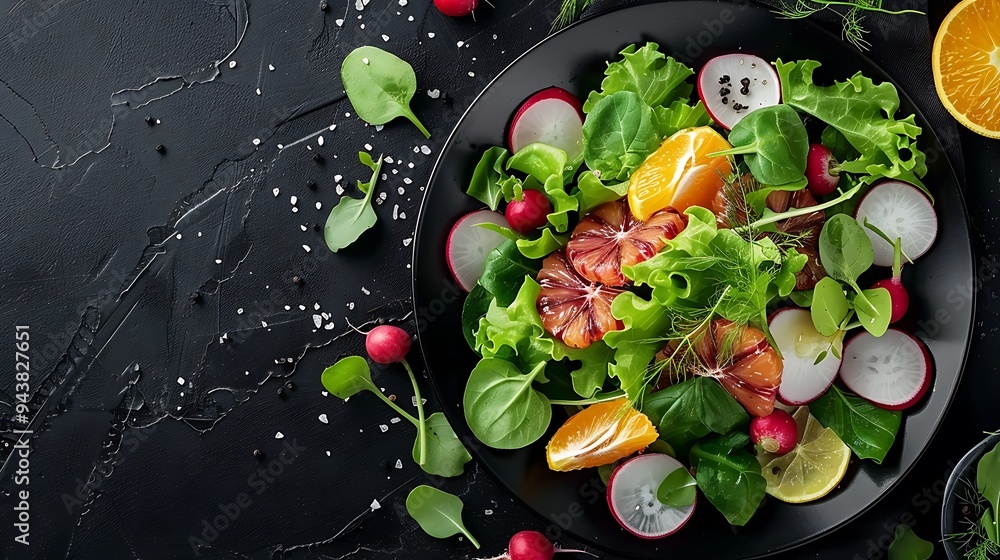 A dark plate showcasing a mix of fresh greens, orange segments, radishes, and fennel, drizzled with citrus vinaigrette, presented elegantly with the vibrant colors standing out against the background, A dark plate showcasing a mix of fresh greens, orange segments, radishes, and fennel, drizzled with citrus vinaigrette, presented elegantly with the vibrant colors standing out against the background,