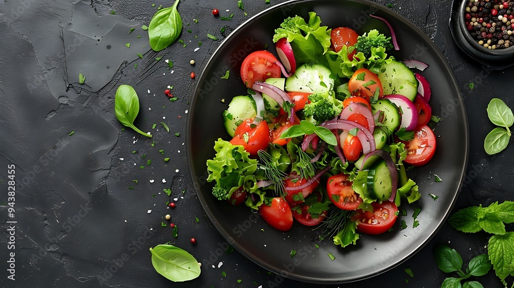 A dark plate showcasing a mix of freshly picked garden vegetables, drizzled with homemade herb dressing, presented elegantly with the vibrant colors standing out against the background, using natural, A dark plate showcasing a mix of freshly picked garden vegetables, drizzled with homemade herb dressing, presented elegantly with the vibrant colors standing out against the background, using natural,