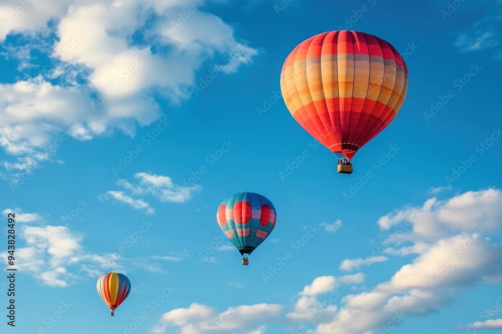 Three Hot Air Balloons Soaring Through a Blue Sky with White Clouds Three Hot Air Balloons Soaring Through a Blue Sky with White Clouds