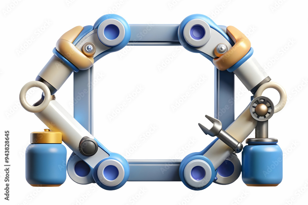 Robotic arm border with futuristic tools framing copy space concept as ...