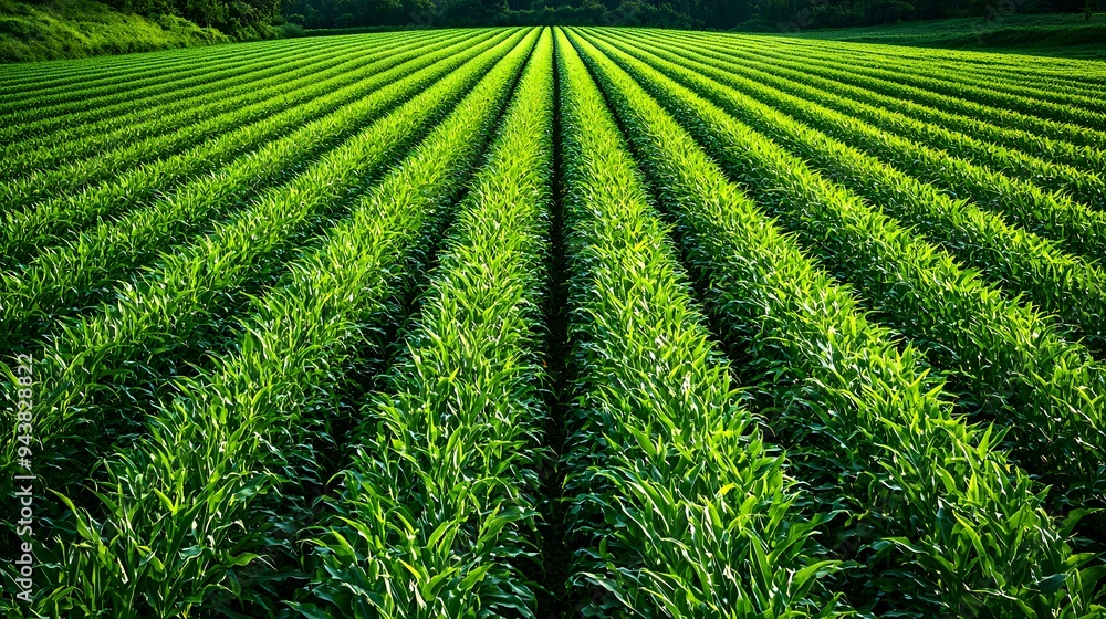Vibrant green corn field in neat, parallel rows under bright sunlight. Vibrant green corn field in neat, parallel rows under bright sunlight.