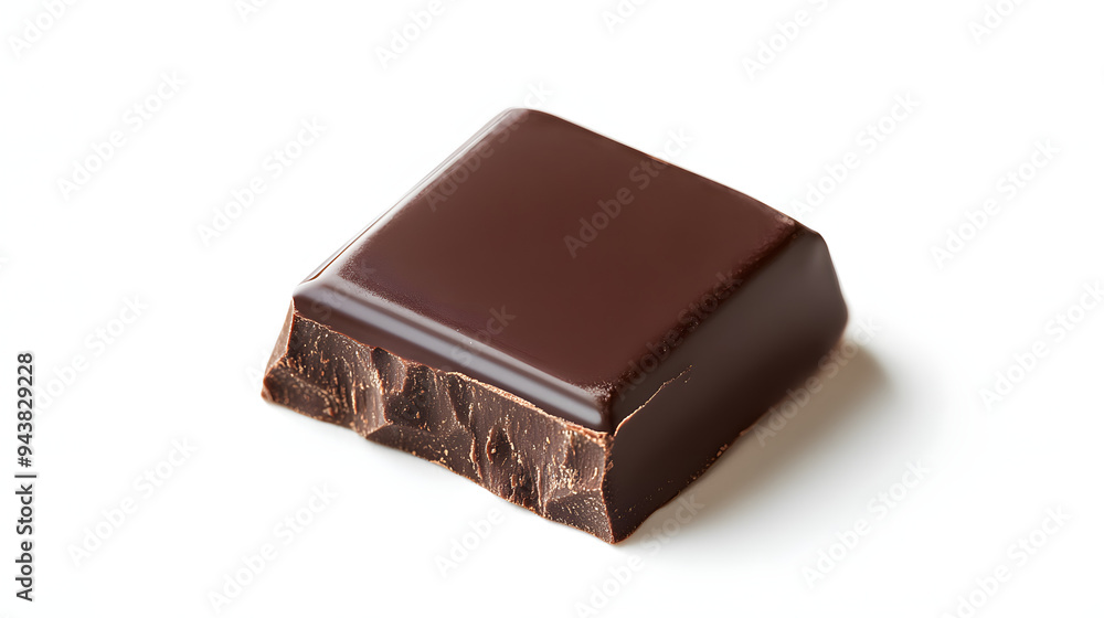 A close-up of a single square of dark chocolate, isolated on a white background. The chocolate has a smooth, glossy finish and is slightly broken on one edge. A close-up of a single square of dark chocolate, isolated on a white background. The chocolate has a smooth, glossy finish and is slightly broken on one edge.