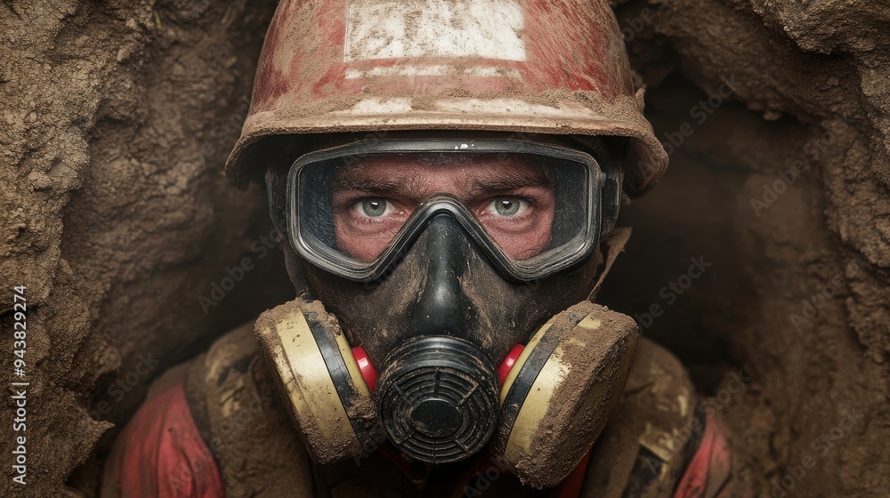 A miner in a tunnel wearing safety gear, showcasing determination and focus. Essential for mining industry visuals. A miner in a tunnel wearing safety gear, showcasing determination and focus. Essential for mining industry visuals.