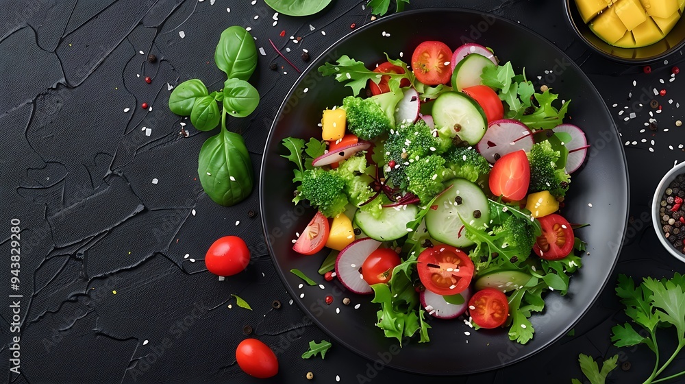 A dark plate showcasing a mix of traditional vegetables and exotic fruits such as mango and papaya, presented elegantly with the vibrant colors standing out against the background, using natural, A dark plate showcasing a mix of traditional vegetables and exotic fruits such as mango and papaya, presented elegantly with the vibrant colors standing out against the background, using natural,
