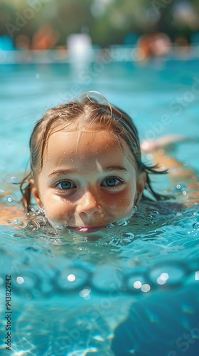 Summertime joy captured in a pool: a child's face peeks above turquoise water, eyes sparkling with delight. Wet hair clings as they enjoy a refreshing swim.