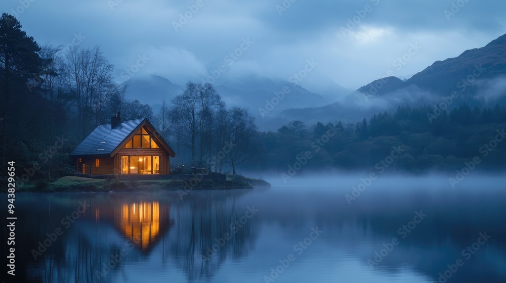 Fototapeta premium An illuminated wooden house sits by a calm lake, its reflection shimmering in the water, with foggy mountains providing a serene backdrop at dusk.