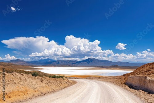 A scenic dirt road winding through a stunning landscape with mountains and bright blue sky, perfect for travel and adventure.