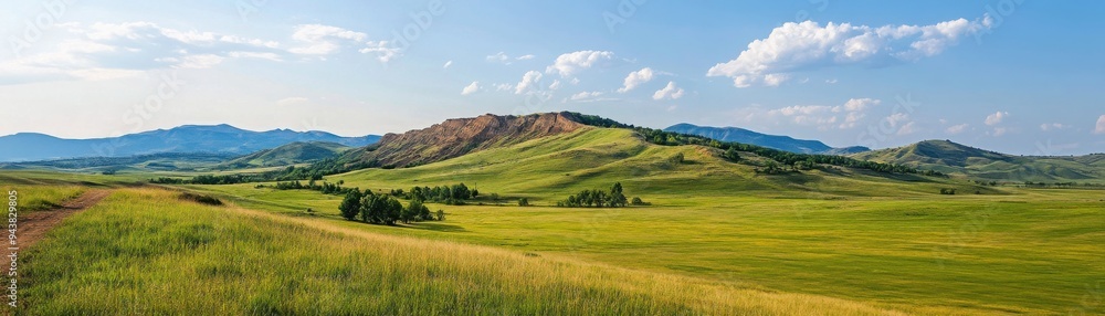 Fototapeta premium A serene landscape featuring rolling hills, lush greenery, and a bright blue sky, perfect for nature enthusiasts and outdoor lovers.