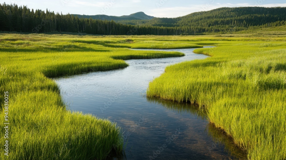 A serene view of a winding river flowing through lush green grasslands surrounded by distant mountains under a clear sky. A serene view of a winding river flowing through lush green grasslands surrounded by distant mountains under a clear sky.