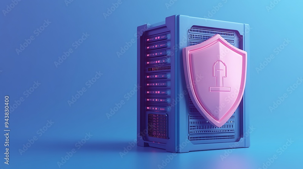 A server rack with a pink shield symbolizing data security and protection on a blue background, highlighting cybersecurity concepts. A server rack with a pink shield symbolizing data security and protection on a blue background, highlighting cybersecurity concepts.