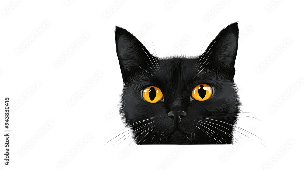 Mysterious Black Cat with Glowing Yellow Eyes on White Background Mysterious Black Cat with Glowing Yellow Eyes on White Background