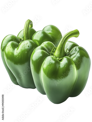 Two Fresh Green Bell Peppers with Dew Drops photo