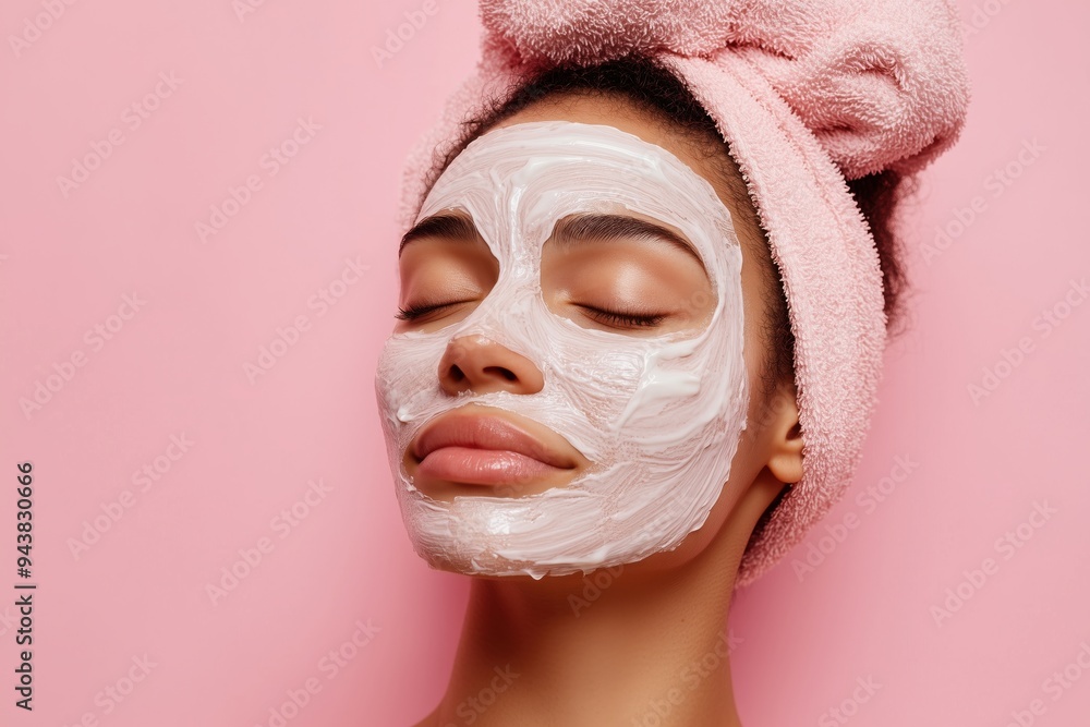 Beautiful black woman doing a face mask. Cosmetic banner with monochrome pink background Beautiful black woman doing a face mask. Cosmetic banner with monochrome pink background