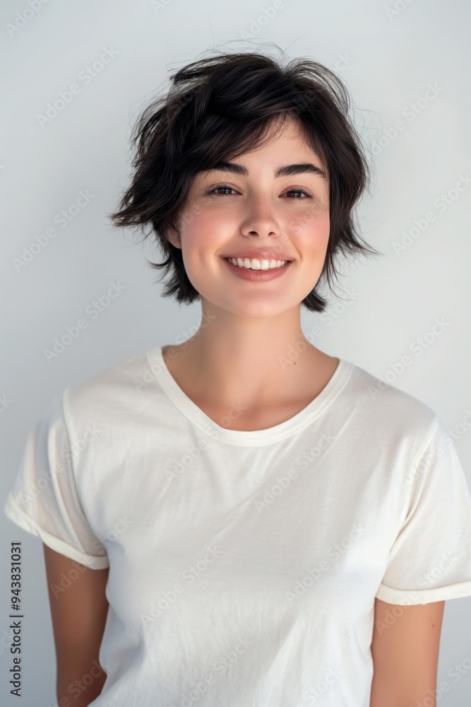 A joyful young woman model with trendy makeup and skincare, smiling in a happy portrait. A joyful young woman model with trendy makeup and skincare, smiling in a happy portrait.