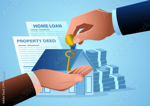Hand giving a golden key to another hand, set against a backdrop featuring a house, money stack, property deed, and home loan papers. Illustrating concepts of real estate ownership and home loan