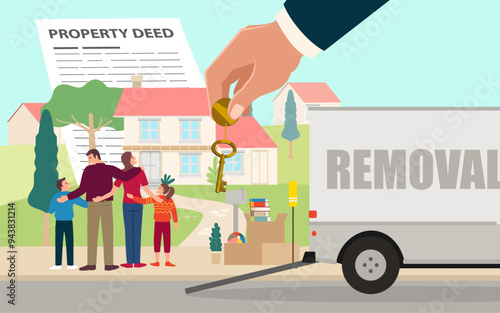 Simple flat cartoon illustration of a joyful family moving into a new house, with a giant hand giving them a golden key. The background features a deed, symbolizing homeownership