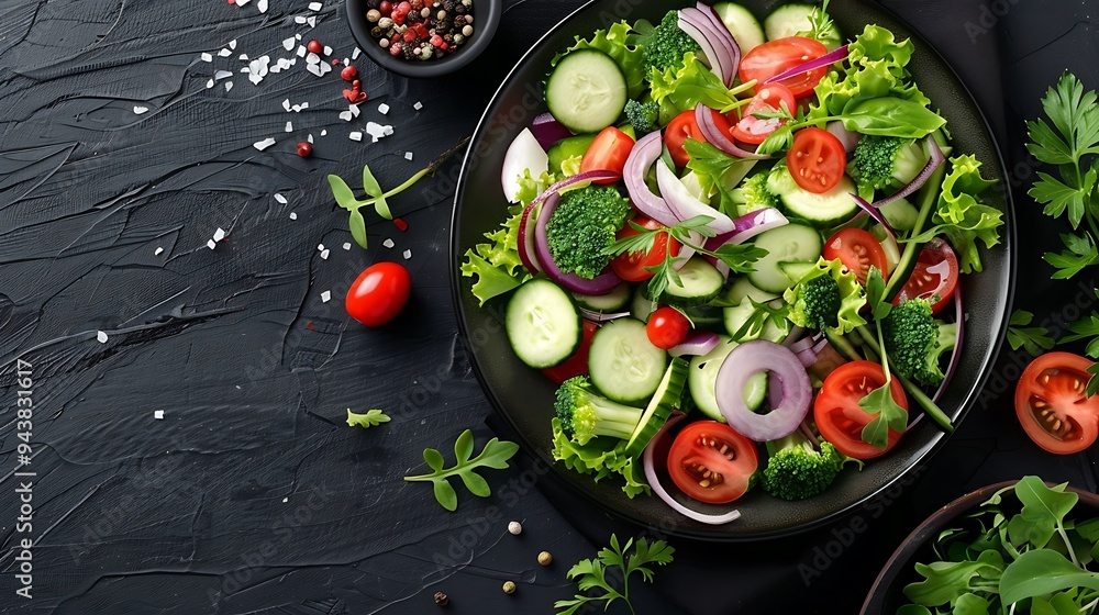A vibrant mix of freshly picked garden vegetables served with a homemade herb dressing, photographed from above on a dark wooden table, highlighting the vivid colors and freshness of the vegetables, A vibrant mix of freshly picked garden vegetables served with a homemade herb dressing, photographed from above on a dark wooden table, highlighting the vivid colors and freshness of the vegetables,