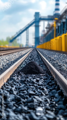 Close-up of railway tracks with coal on gravel, showcasing industrial elements and transportation context in a scenic environment. photo