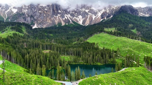 Aerial View of lake carezza Dolomites Italy