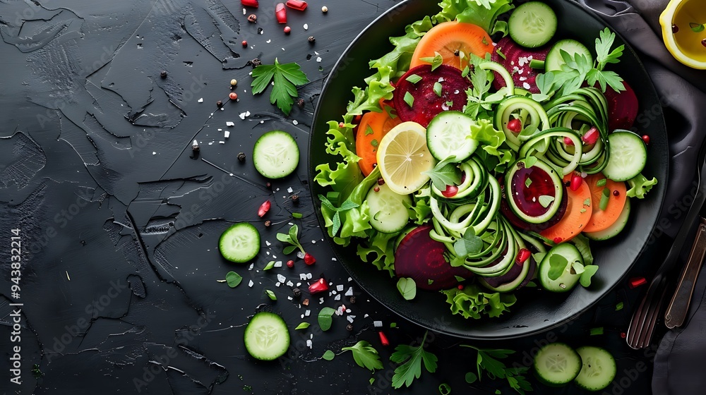 A vibrant salad featuring spiralized zucchini, carrots, and beets, lightly dressed with lemon and olive oil, photographed from above on a dark wooden table, highlighting the vivid colors and textures, A vibrant salad featuring spiralized zucchini, carrots, and beets, lightly dressed with lemon and olive oil, photographed from above on a dark wooden table, highlighting the vivid colors and textures,