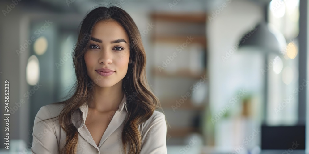 Naklejka premium Young confident businesswoman at a desk, working in a modern office.