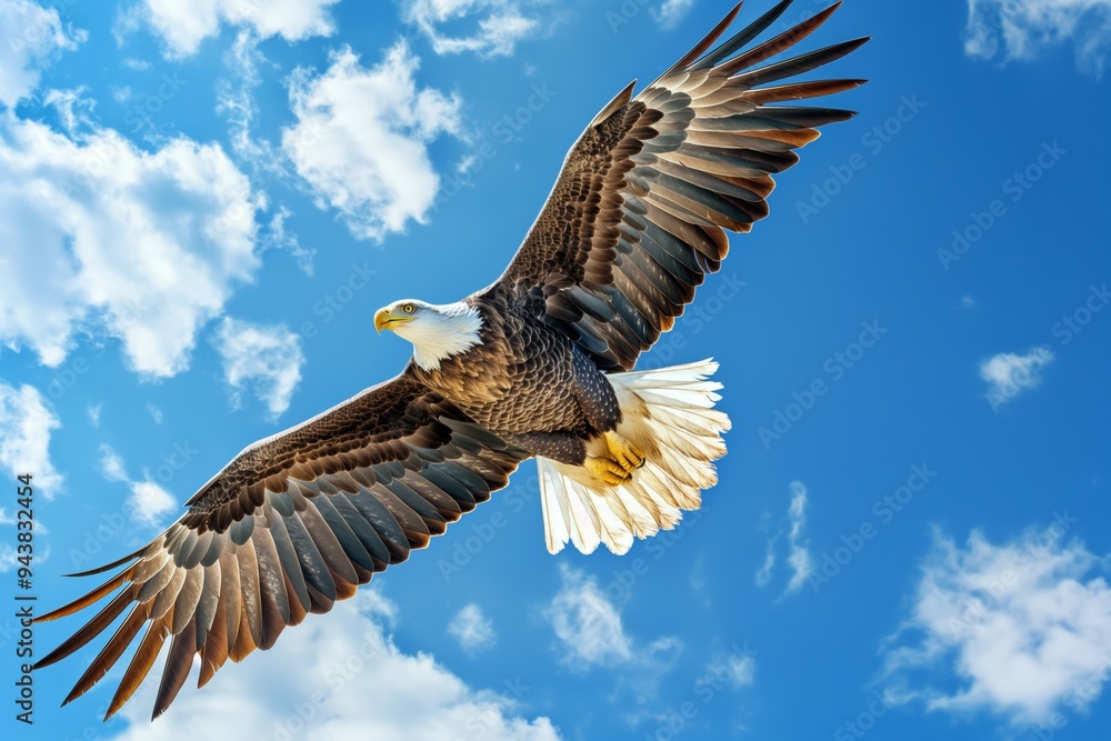 Obraz premium Majestic eagle flying freely in the sky, wings outspread, embodying the essence of wilderness and power.