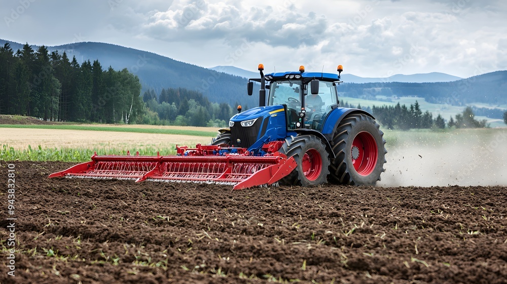 Fototapeta premium A powerful blue tractor plowing a field under an overcast sky.