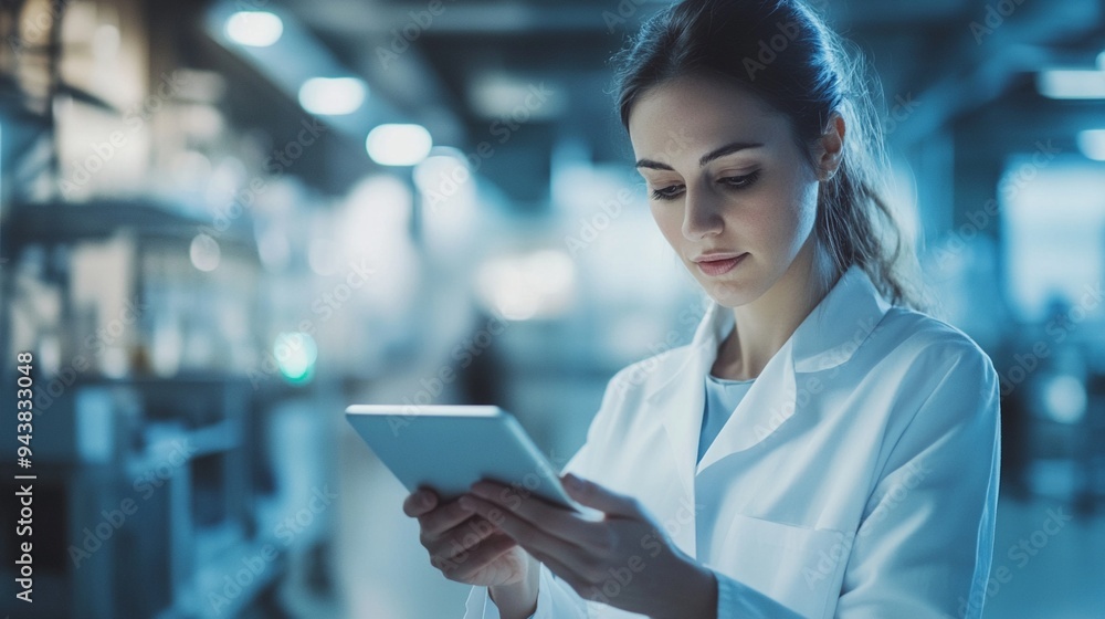 Young female scientist in white lab coat using digital tablet in modern laboratory, illuminated by blue light, focused on research data analysis. Young female scientist in white lab coat using digital tablet in modern laboratory, illuminated by blue light, focused on research data analysis.