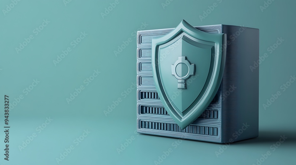 Computer server with a protective shield symbolizing data security and protection against cyber threats on a green background. Computer server with a protective shield symbolizing data security and protection against cyber threats on a green background.