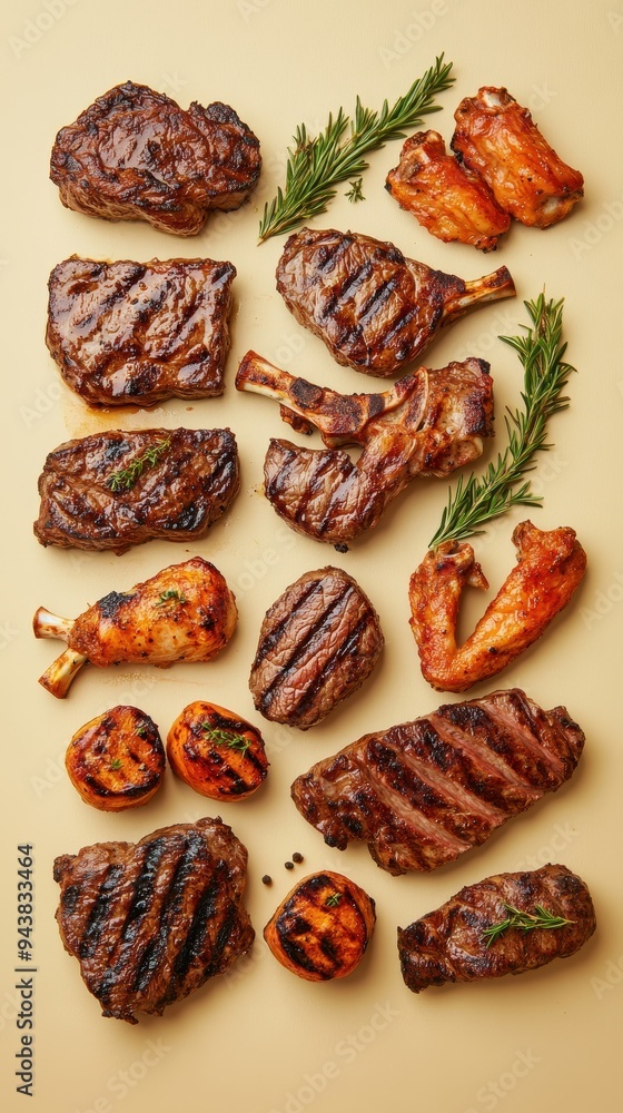 The platter showcases a variety of grilled and roasted meats, including chicken, ribs, and steaks, with herbs adding flavor The platter showcases a variety of grilled and roasted meats, including chicken, ribs, and steaks, with herbs adding flavor