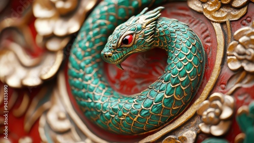 Wallpaper Mural Decorative green wooden snake with detailed scales, marking the 2025 Chinese New Year. Torontodigital.ca