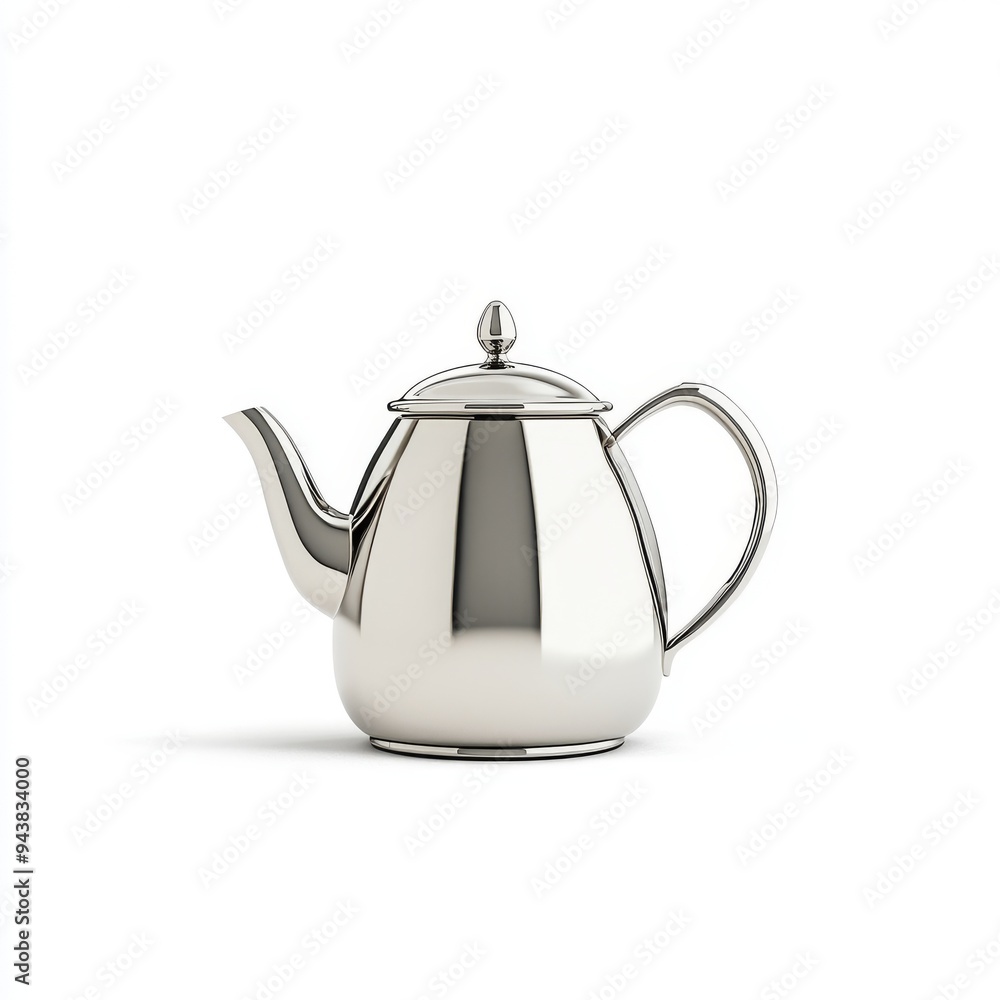 A 3D simple style icon of a classic stainless steel teapot with a curved handle and spout set against a white background symbolizing kitchen appliances and beverage preparation.