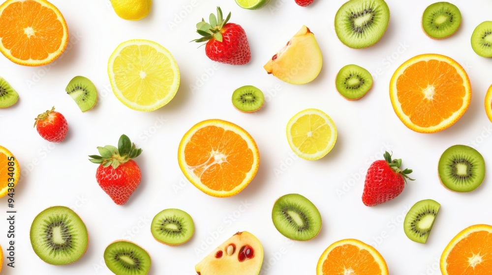 Flat view mixing different of fruits oranges, kiwi, lime, strawberries, lemon isolated on white background, Flat view mixing different of fruits oranges, kiwi, lime, strawberries, lemon isolated on white background,