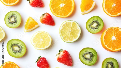 Flat view mixing different of fruits oranges, kiwi, lime, strawberries, lemon isolated on white background, 