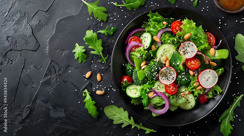 An artistic shot of a dark plate filled with a salad featuring mixed greens, nuts, and seeds, topped with honey mustard dressing, set against a dark background, An artistic shot of a dark plate filled with a salad featuring mixed greens, nuts, and seeds, topped with honey mustard dressing, set against a dark background,