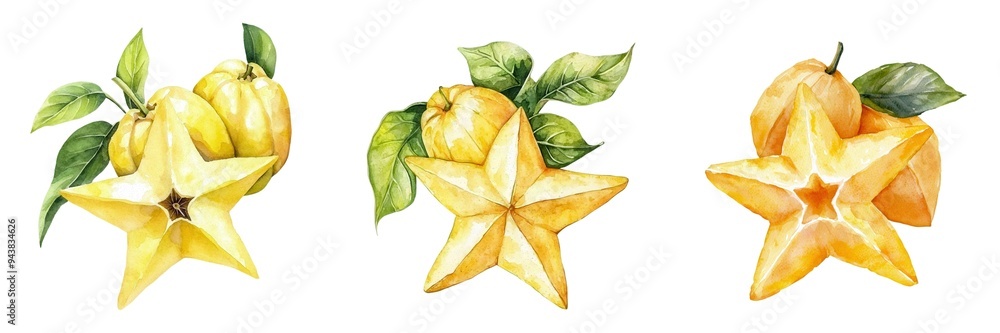 Fototapeta premium A sweet starfruit, fruit element, watercolor illustration, tropical yellow, isolated on white background