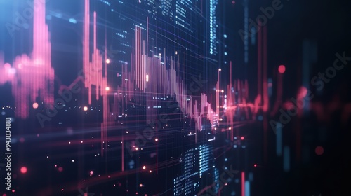 Futuristic 3D graphs with translucent layers, glowing data points, and complex charts floating against a dark background, representing data analysis 