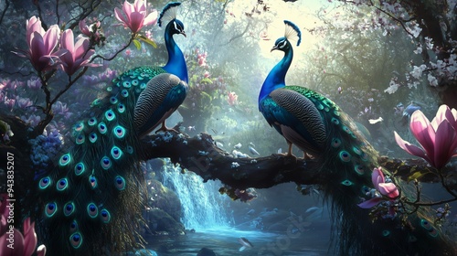Two peacocks posing on a branch over a waterfall in a lush forest