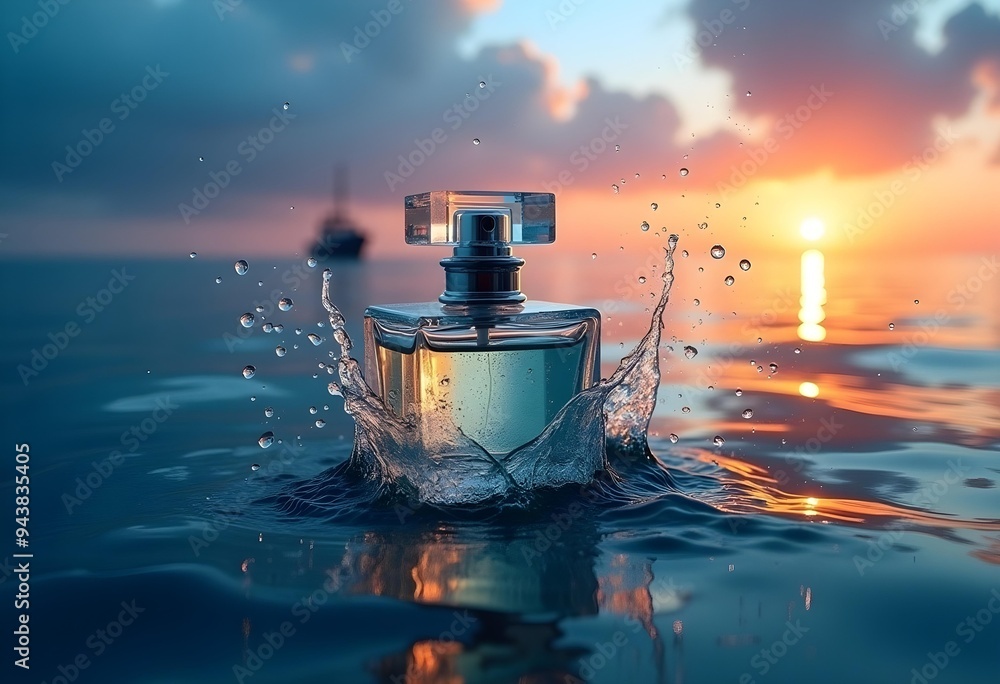 Luxurious Perfume Bottle Emerging from Ocean Waves at Sunset Luxurious Perfume Bottle Emerging from Ocean Waves at Sunset