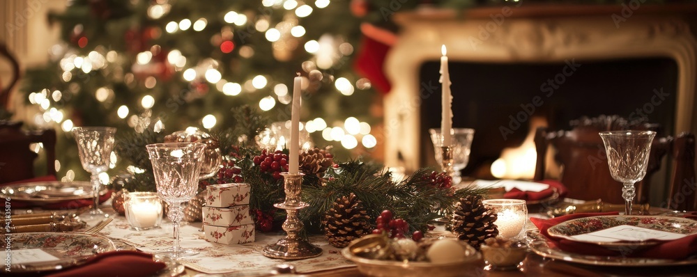 Elegant Holiday Table Setting with Christmas Crackers and Candlelight by the Fireplace