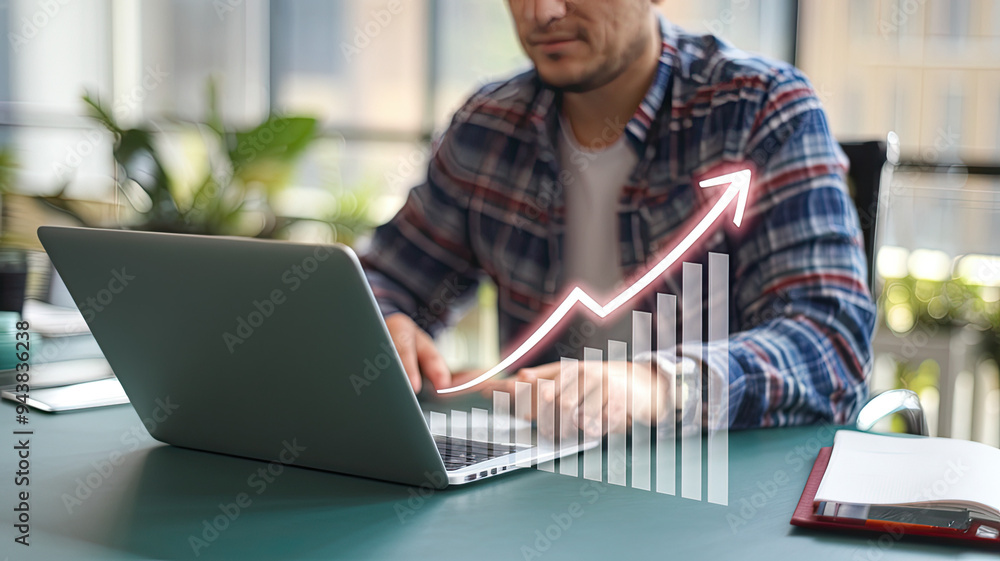 Man sitting at a desk with a laptop open, displaying a glowing graph indicating an increase in sales and revenue, in a modern office space with a blurred background featuring plants and a window Man sitting at a desk with a laptop open, displaying a glowing graph indicating an increase in sales and revenue, in a modern office space with a blurred background featuring plants and a window