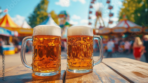 Zwei frische Bier vom Fass beim Jahrmarkt mit Riesenrad im Herbst 