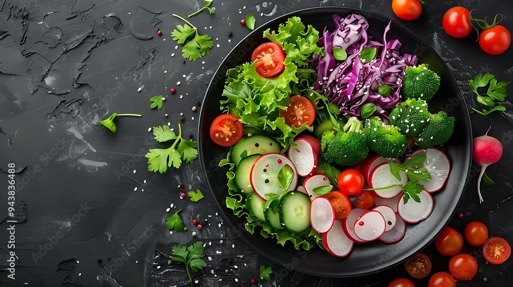 An artistic shot of a dark plate filled with rainbow-colored vegetables including bell peppers, cherry tomatoes, cucumbers, carrots, purple cabbage, and radishes, set against a dark background, An artistic shot of a dark plate filled with rainbow-colored vegetables including bell peppers, cherry tomatoes, cucumbers, carrots, purple cabbage, and radishes, set against a dark background,