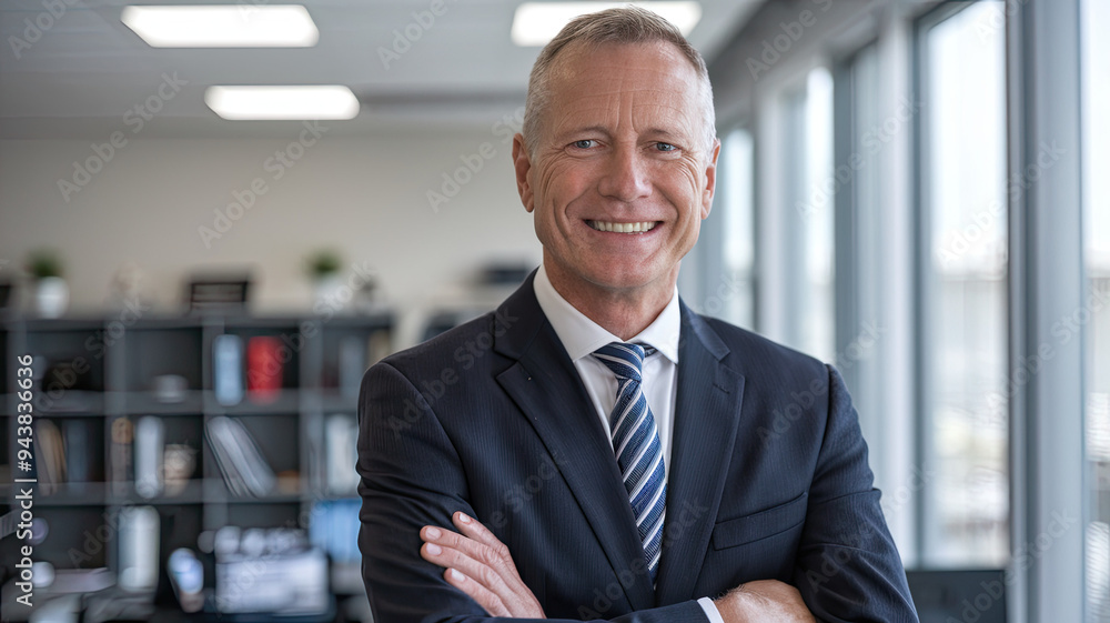 Happy and confident middle-aged professional business man, standing in an office, a 50-year-old business owner and company manager, smiling senior CEO executive, portrait of an older corporate leader Happy and confident middle-aged professional business man, standing in an office, a 50-year-old business owner and company manager, smiling senior CEO executive, portrait of an older corporate leader