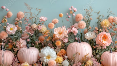 Pink pastel pumpkins and flowers. Glamorous autumn background for Halloween or Thanksgiving