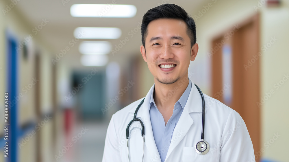 Portrait of Asian male man doctor in white coat with stethoscope smiling clinic hospital background Portrait of Asian male man doctor in white coat with stethoscope smiling clinic hospital background