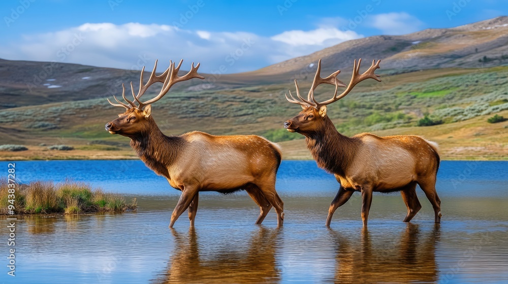 Fototapeta premium Two majestic elk stroll along a lake's edge at Yellowstone National Park, showcasing their impressive antlers against a backdrop of mountains and greenery